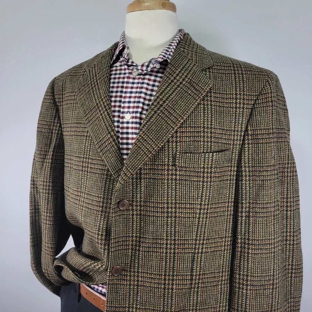 Bill Blass Laine Men's Sport Coat Blazer Three‎ Button Brown Plaid Wool Size 44L